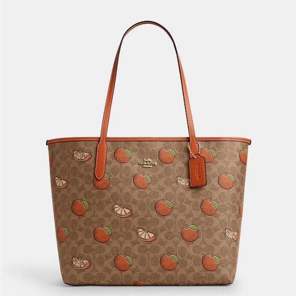 NWT COACH City Tote Bag In Signature Canvas With Orange Print CAL74 Gold/Tan